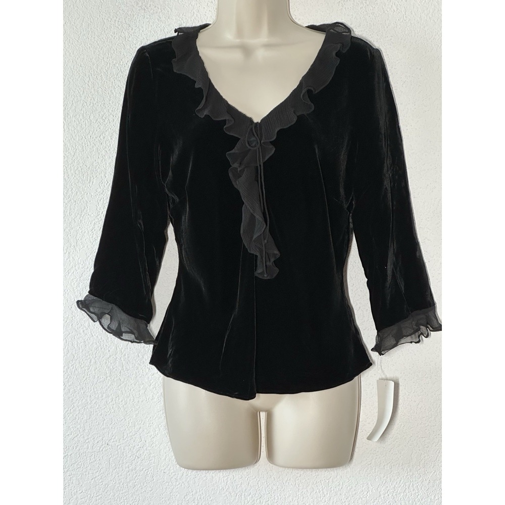 New ECI New York Black Velvet Silk Ruffle Neck/Sleeve Blouse M Fairy Whimsigoth